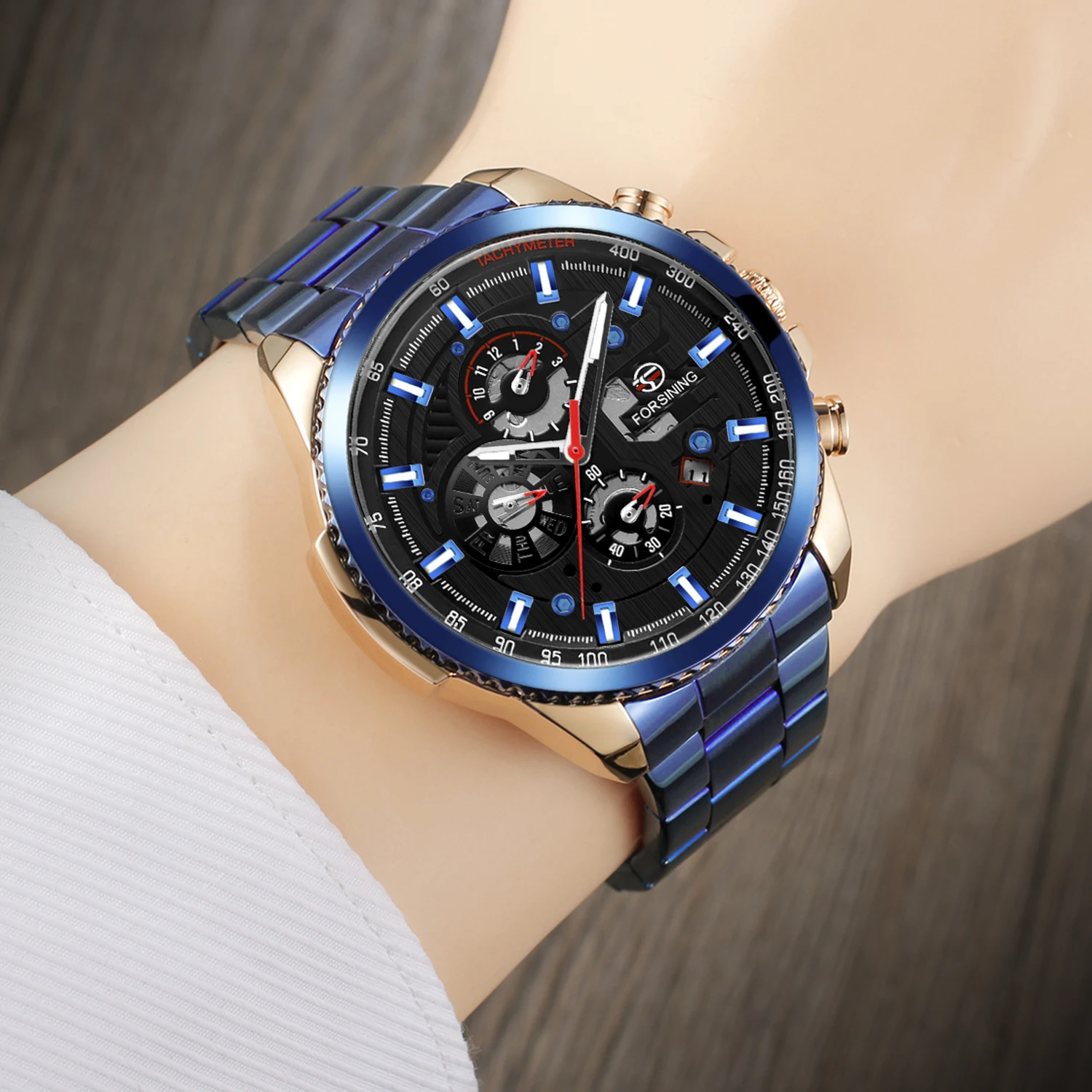 Sport Waterproof Luminous Blue Big Mechanical Watches Luxury Stainless Steel Men Watch Multifunctional Automatic Date Wristwatch