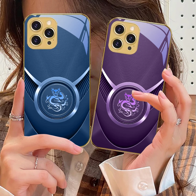 

Circular silver dragon For IPhone 16 16Pro Max 15 P ro 14 13 Plus 12 Mini 11Pro Max XS Max XR Golden tempered glass phone case