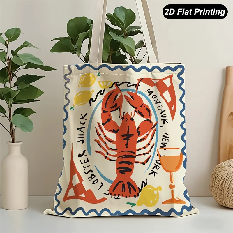 Retro Lobster Seafood Badge Graphic Canvas Handbag Versatile Handbag Storage Bags Reusable Grocery Shopping Bag for Daily Use
