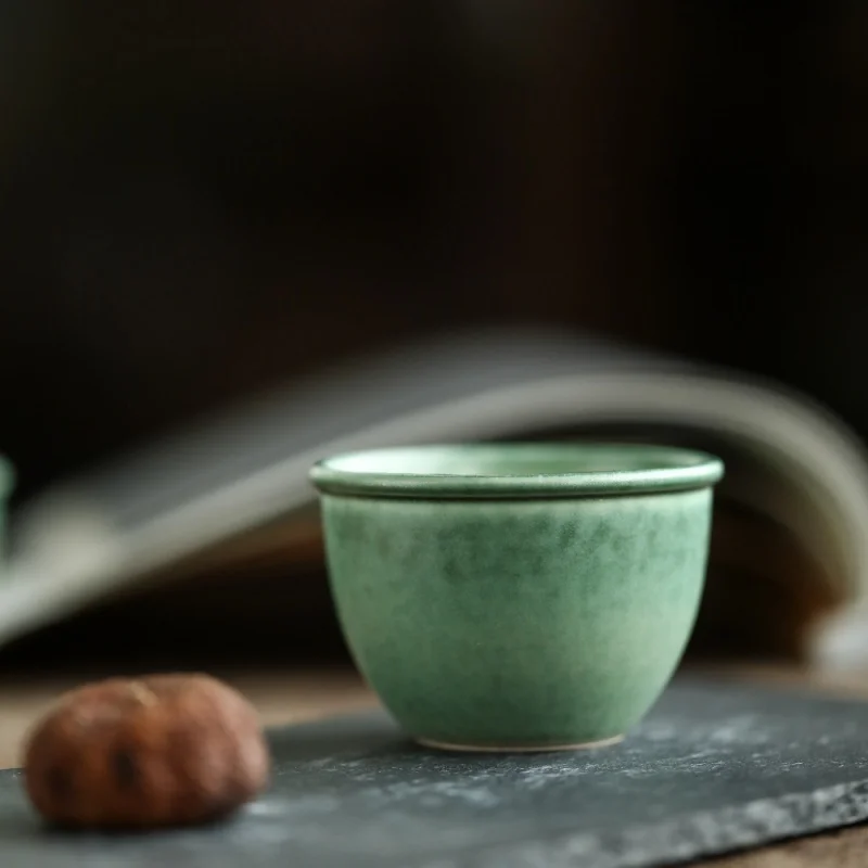 Jingdezhen Matte Green Cylinder Cup Tea Cup Handmade Drawing Blank Porcelain Tea Tasting Cup Kombucha Kiln Baked Tea Set Tea Bow