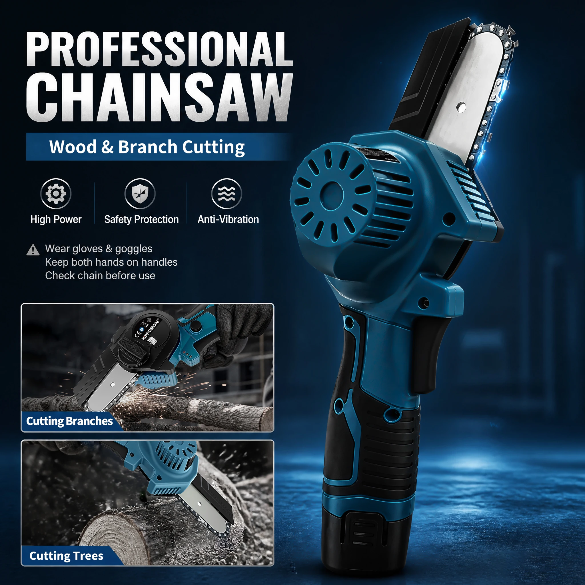 HIPPCRON 4 Inch Cordless Garden Pruning Saw, 12V Pure Copper Motor Mini Chainsaw with Safety Lock One-Hand Operation