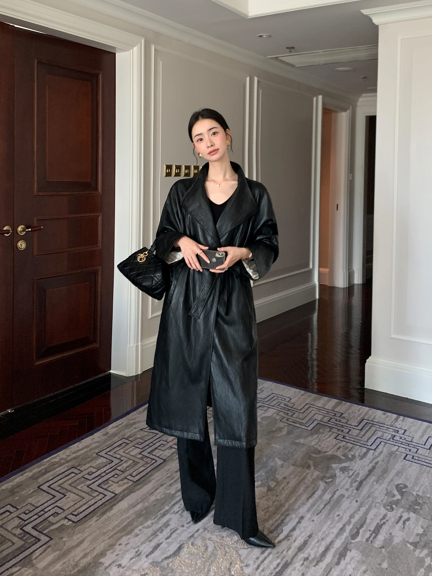 Ele vintage couro pu jaet feminino cintura costurando casaco longo casual sle facionable gola corta-vento de comprimento médio