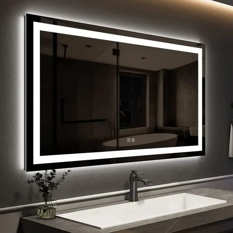 Silver 48 x 36 Inches LED Bathroom Mirror (Horizontal/Vertical) with Front and Backlit Anti-Fog 3 Colors and Dimmable Light