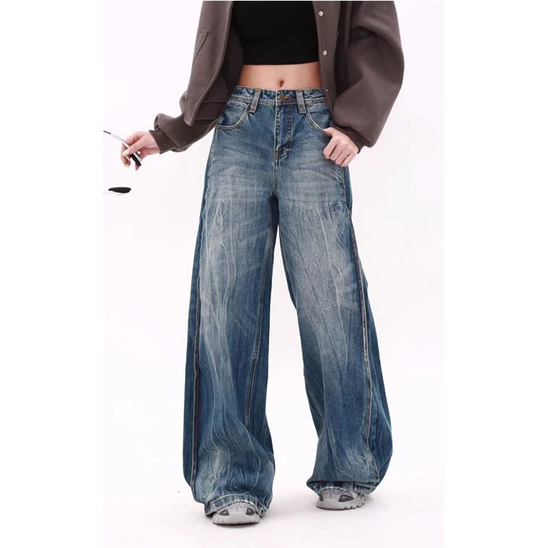 Women's Y2k 90s Vintage Crease Pattern Wide Leg Jeans Street Cool Girl High Waist Pants Female Casual Straight Denim Trousers