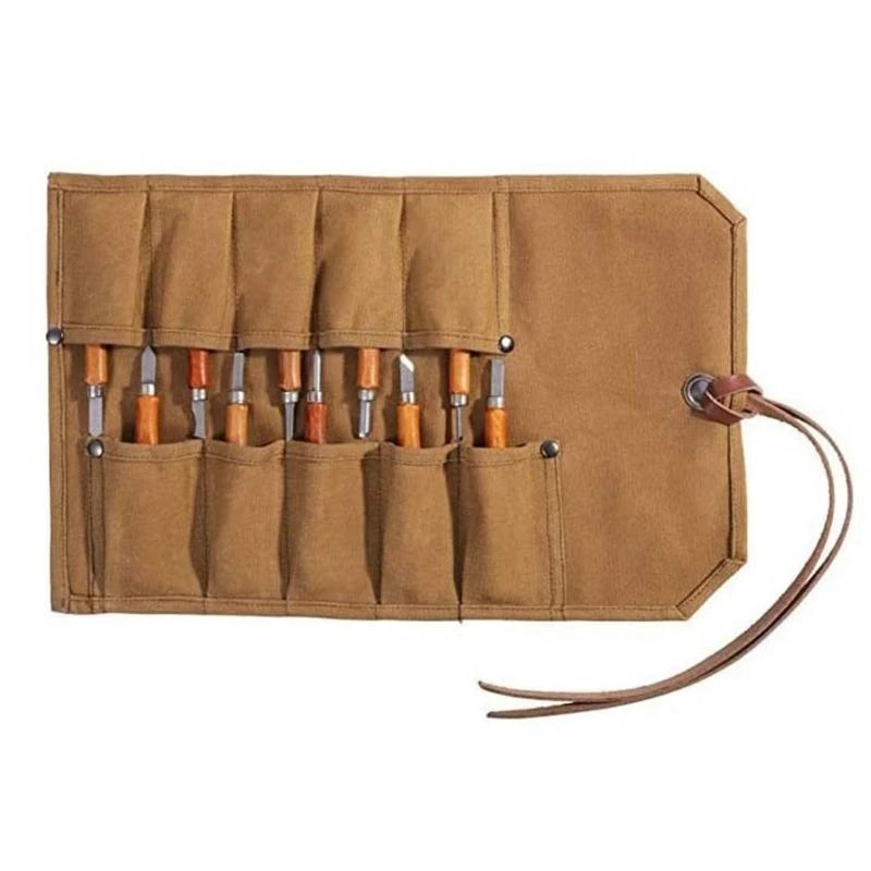 E7CD Tool Roll Heavy Duty Small Tool Bag Tool Waxed Canvas for Chisels Hammer Camping Pocket Gouges Tool Storage Bag