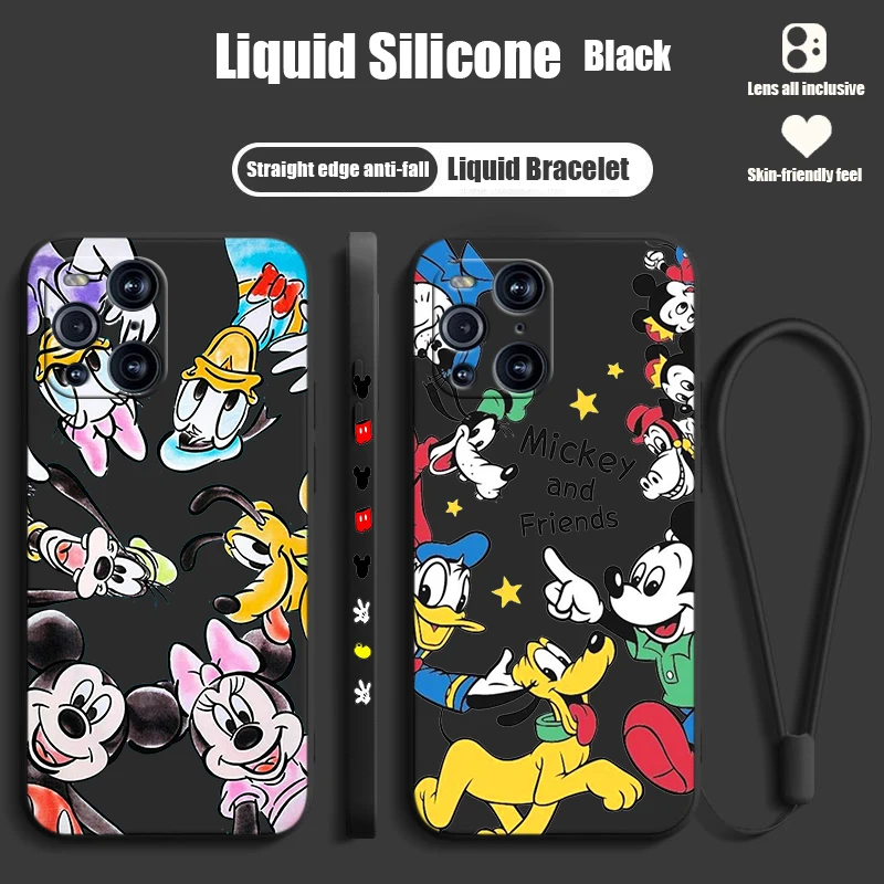 Animation Mickey Minnie Daisy For OPPO Find X6 X5 X3 X2 Pro Lite Liquid Left Rope Silicone Cover Phone Case