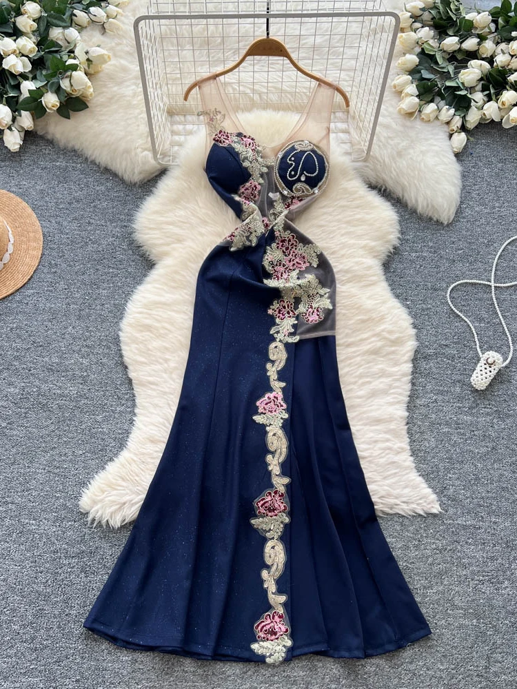 

Элегантное длинное вечернее платье для женщин с завышенной талией, вышивкой, стройнящее, без бретелек, корейский стиль, летнее