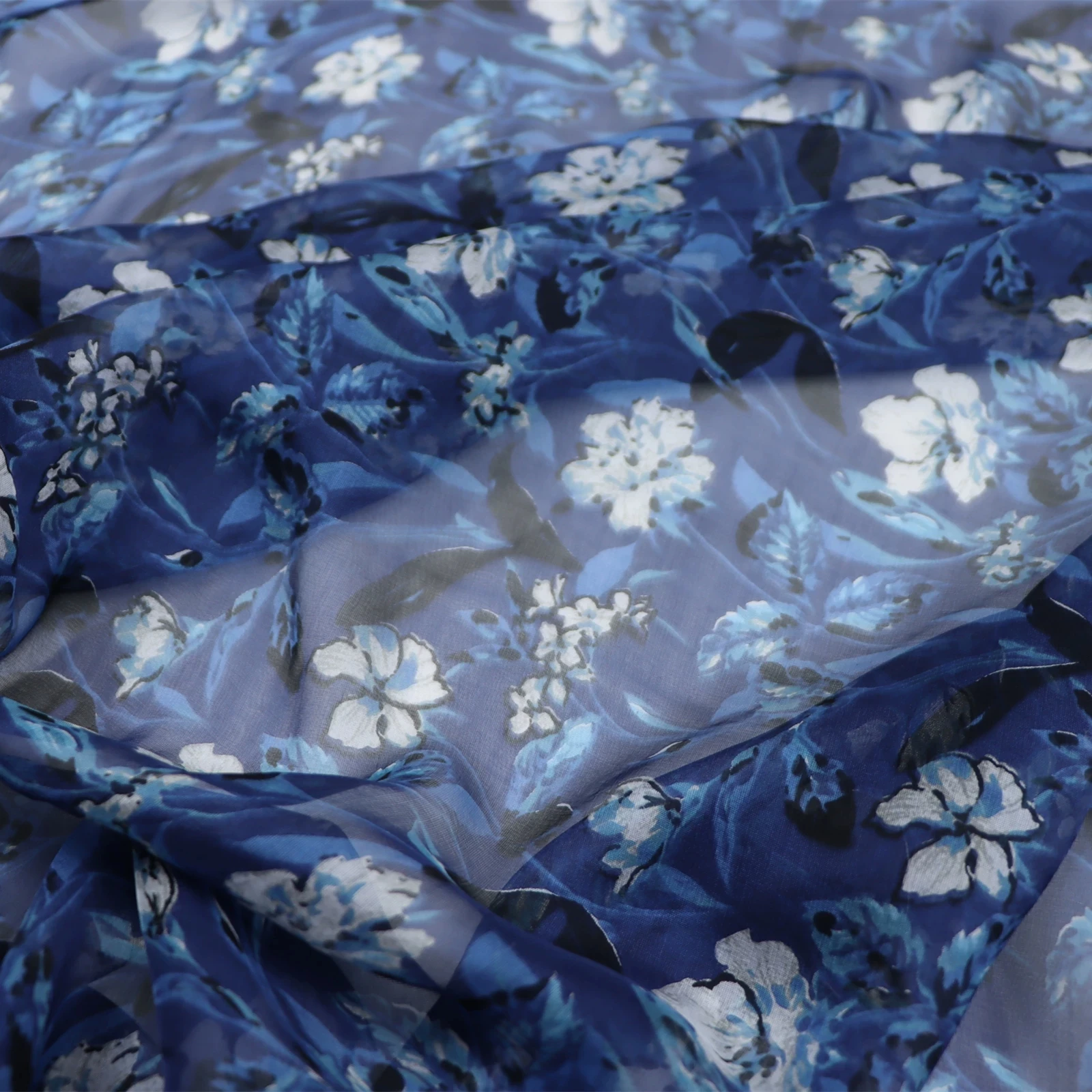 Smooth Good Texture Woven 100% Pure Silk Chiffon Fabricn Navy Color White Flowers for Women Dresses Pants Saree