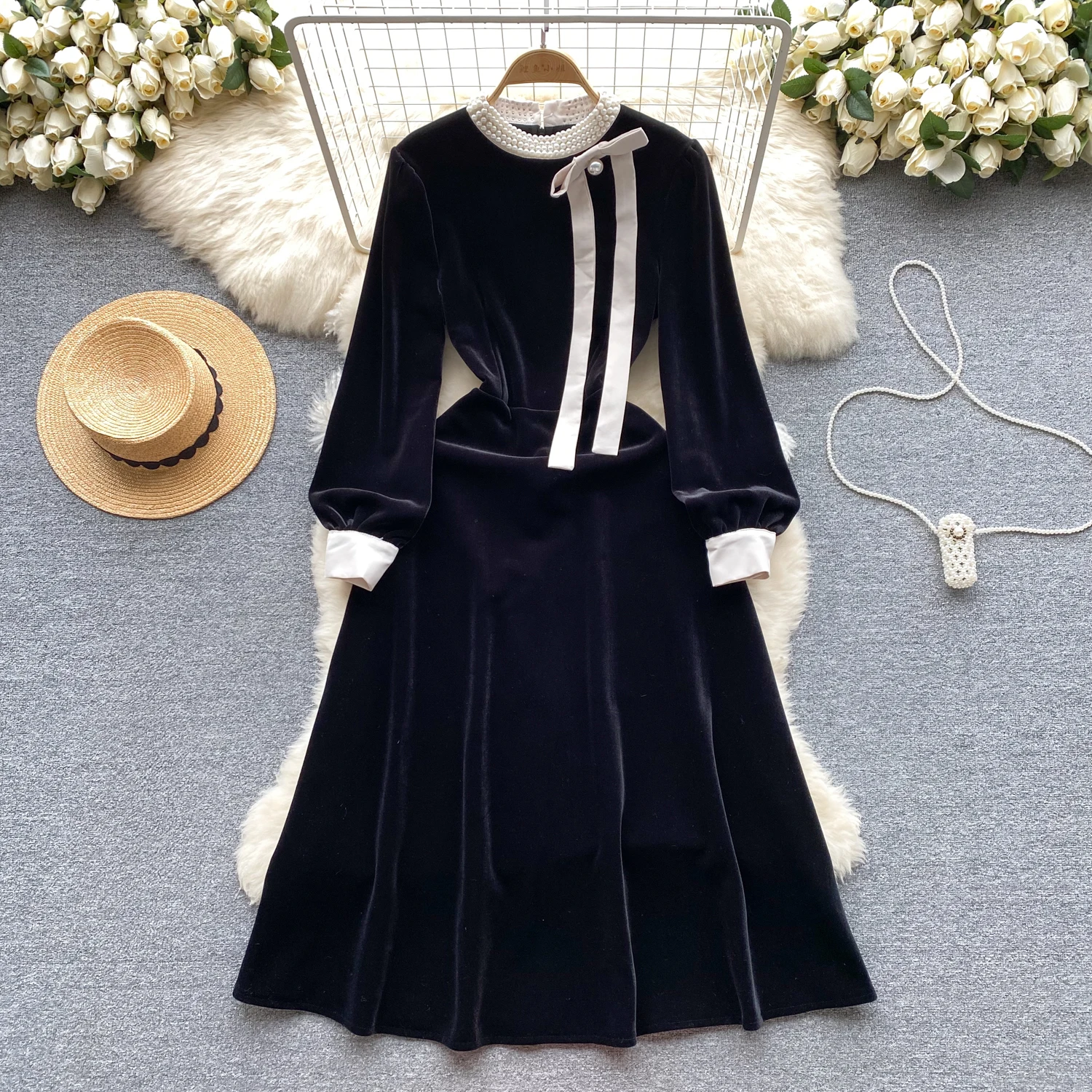 Chic Stand Collar Puff Sleeve Elegant Beading Evening Party High Street Women Vintage Korean Fashion Women Autumn Slim Dress