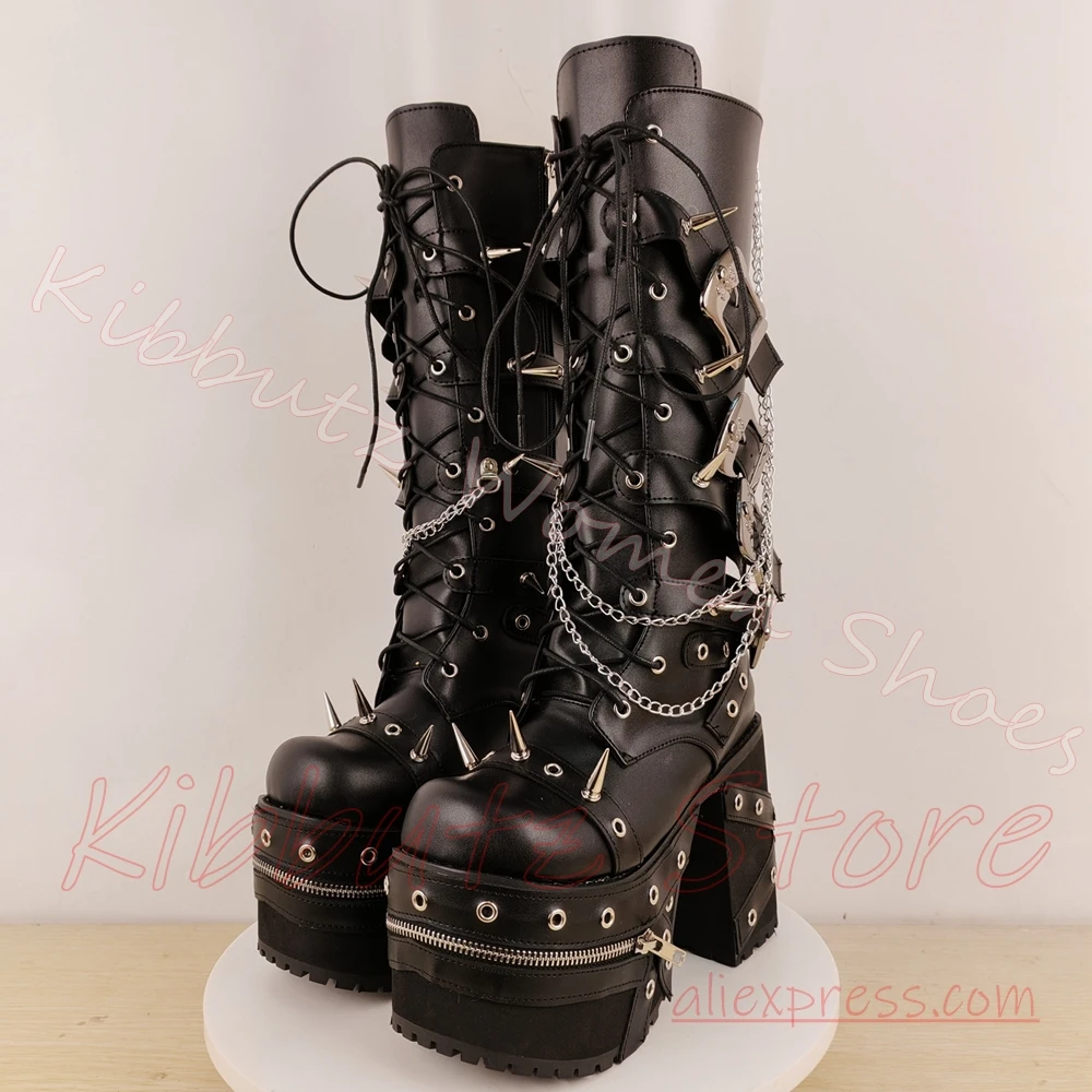 Punk Knee High Platform Boot Women Spike Stud Chain Lace Up Zipper Block Heel Round Toe Leather Goth Footwear Luxury Elegant New