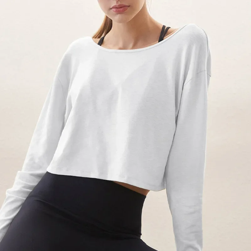Damskie koszulki oversize ze 100% bawełny, bluzki z długim rękawem, koszulki do biegania, jogi, topy, koszulki do ćwiczeń, odzież dla młodych kobiet. — zdjęcie 7