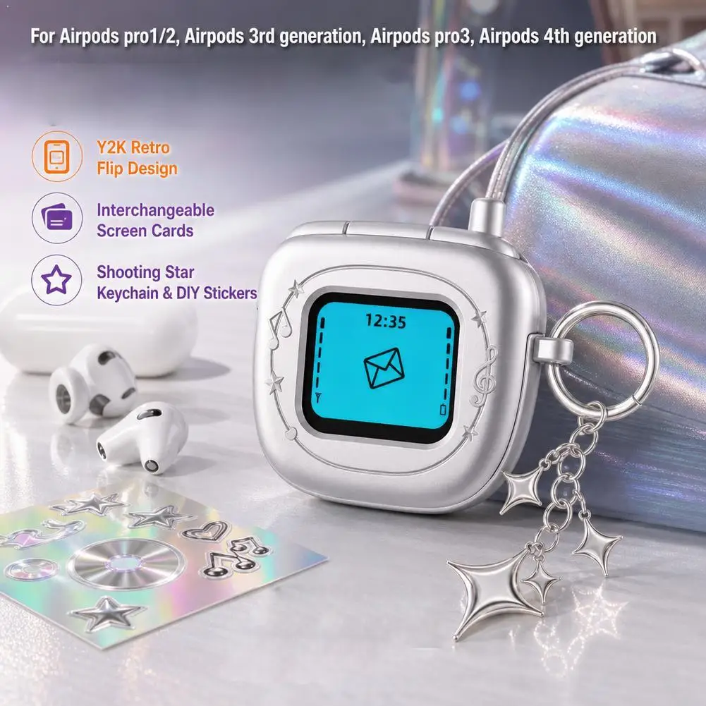 Etui-pour-airpods-style-retro-a-rabat-finition-mate-argentee-design-y2k-chic-avec-pendentif-porte-cles-accessoires-pour-ecouteurs