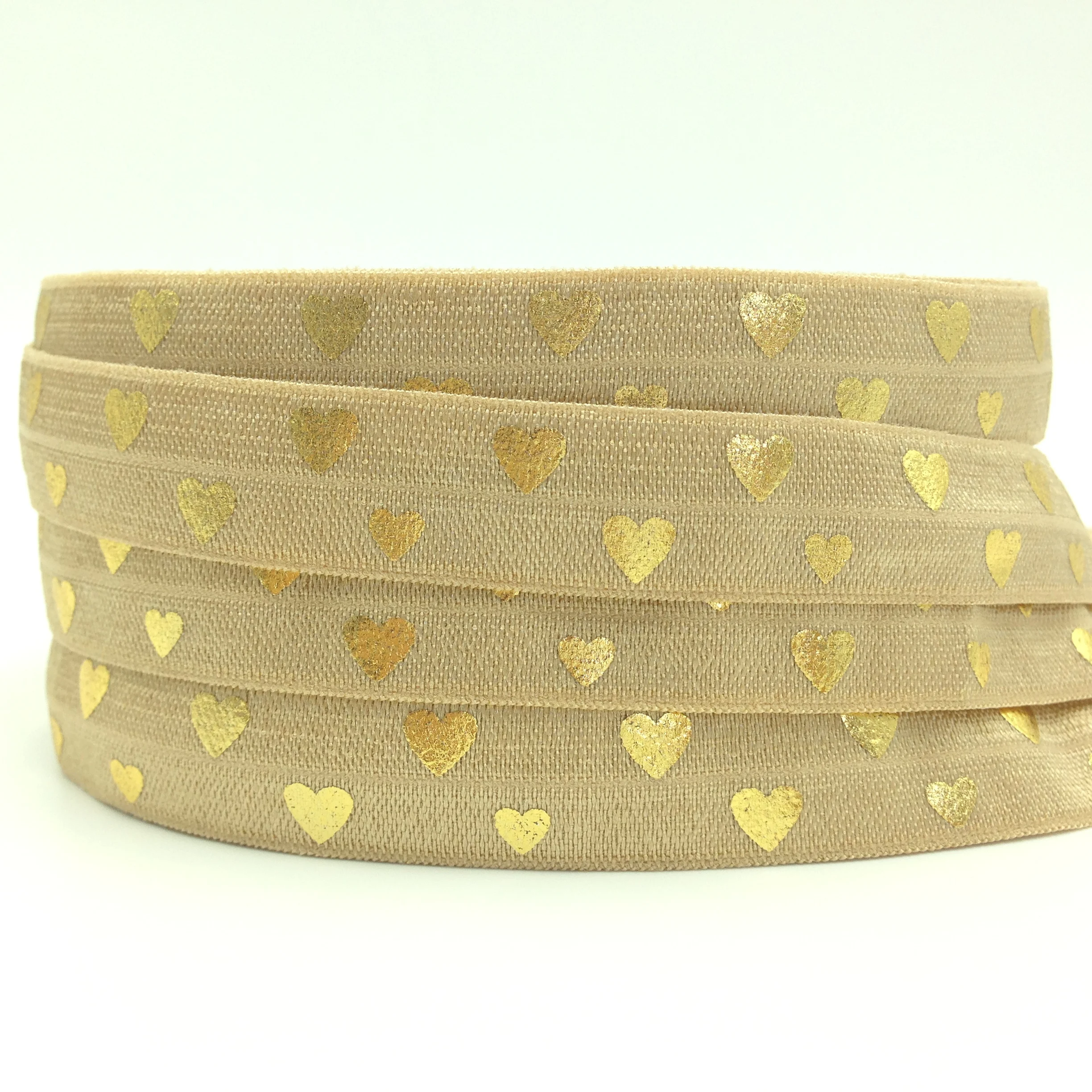 10yards 15mm Gold Foil Love Heart Print Fold Over Elastic FOE Ribbon Diy Headwear Tie Sewing Wedding Decoration Accessories