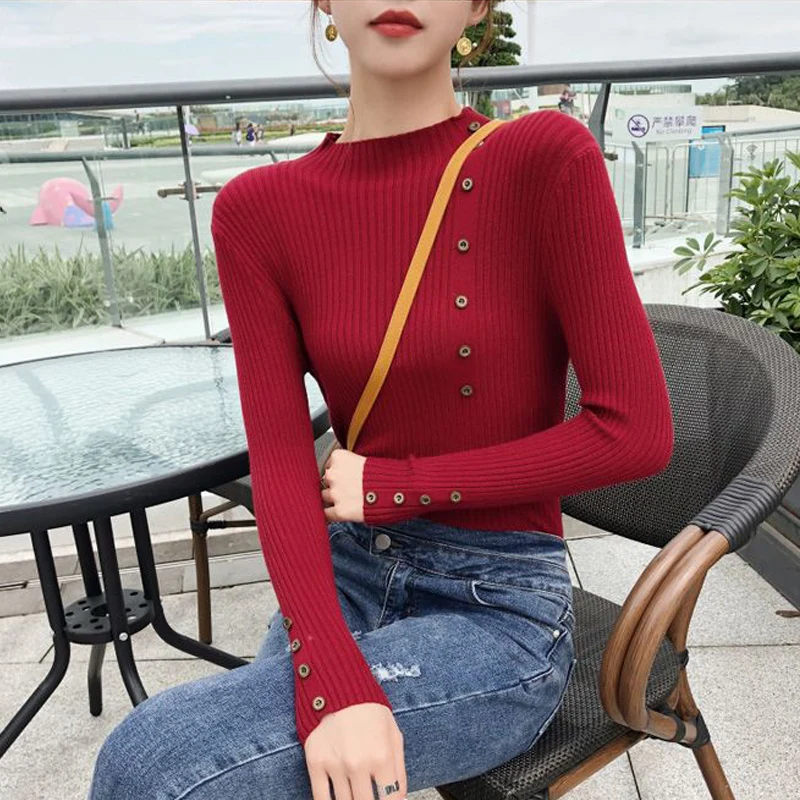 Autumn Winter New Button Slim Knitting Bottoming Shirt Long Sleeve Solid Color All-match Sweaters Elegant Vintage Women Clothing