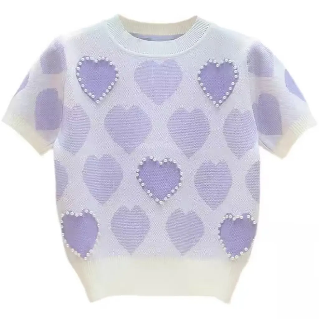 

Женская футболка из ледяного шелка с короткими рукавами, летний новый дизайн, топ из бисера, модный нишевый тонкий свитер Love Sense