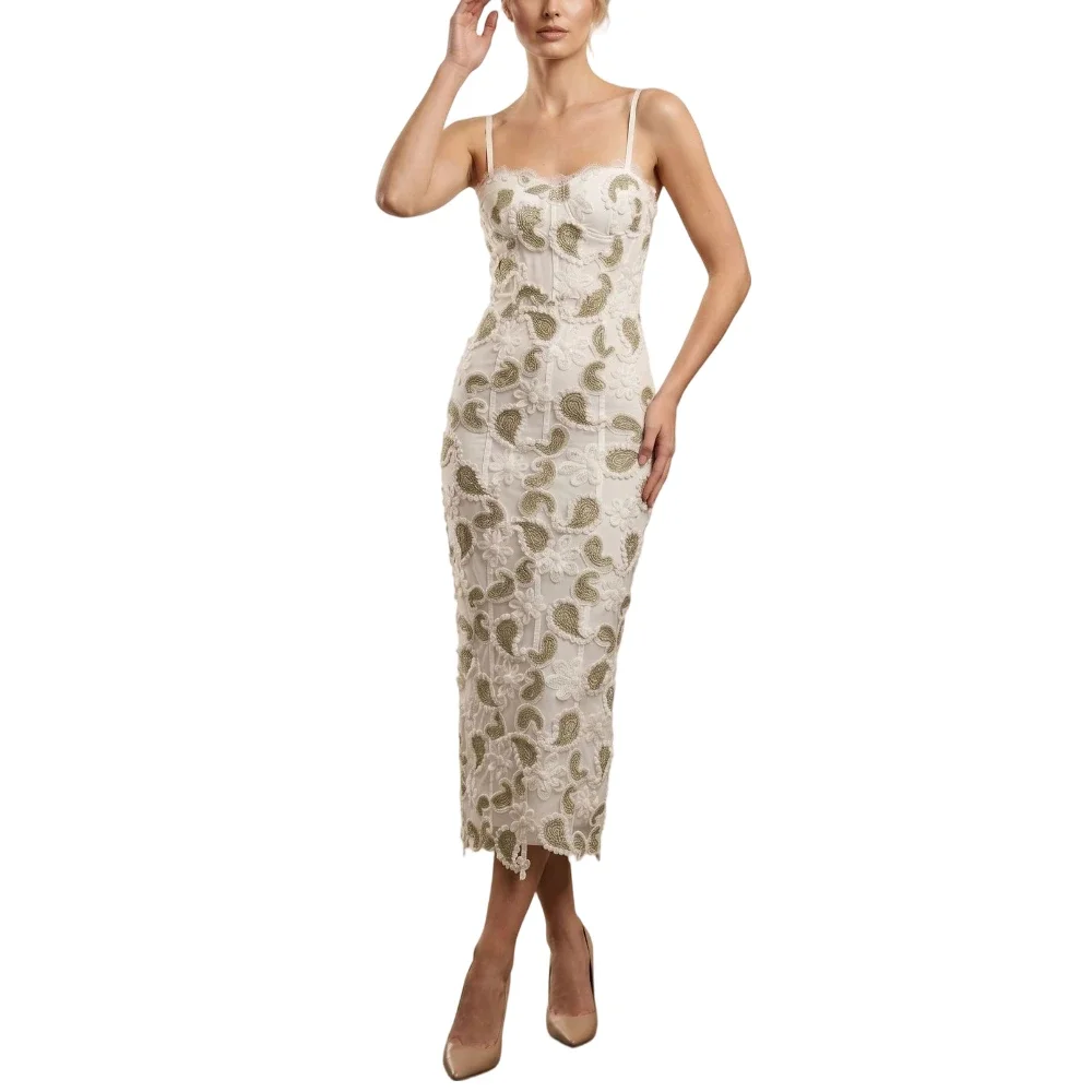 Elegant Sage Green Paisley Lace Midi Dress Women Sexy Spaghetti Strap Corset Bodycon Dresses Luxury Wedding Guest Prom Gown view 5
