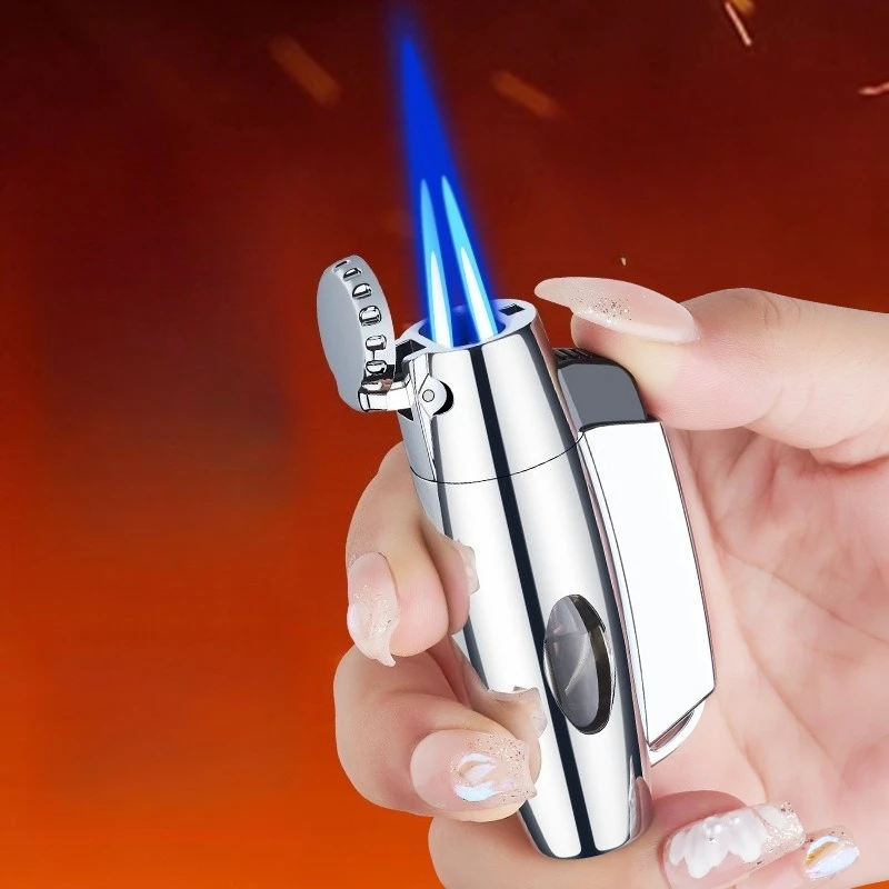 New Handheld Small Spray Gun Dual Straight Jet Windproof Lighter, Transparent Visible Window, Household Portable Lighter