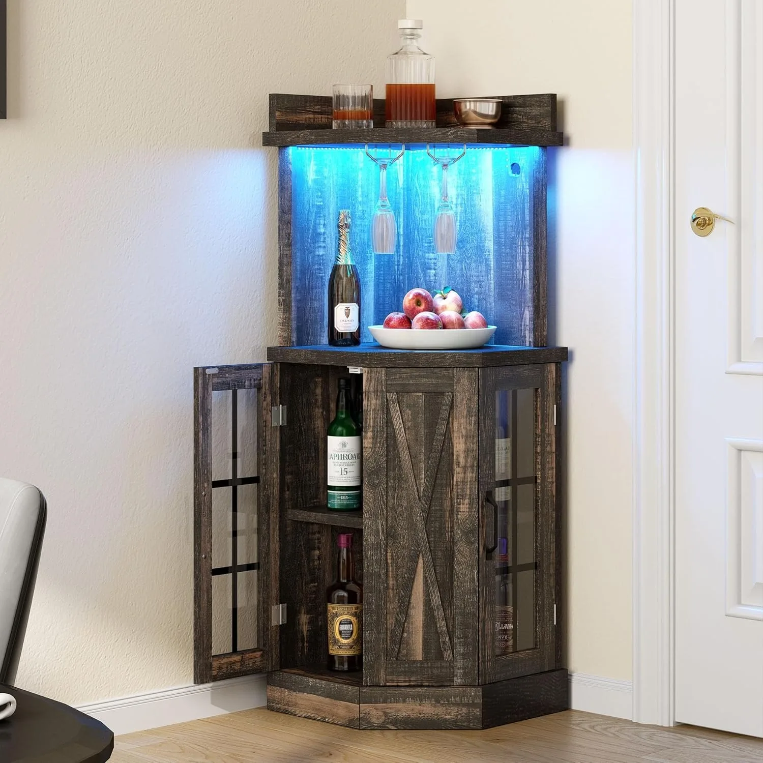 Corner Bar Cabinet with Glass Door & LED Lights 53