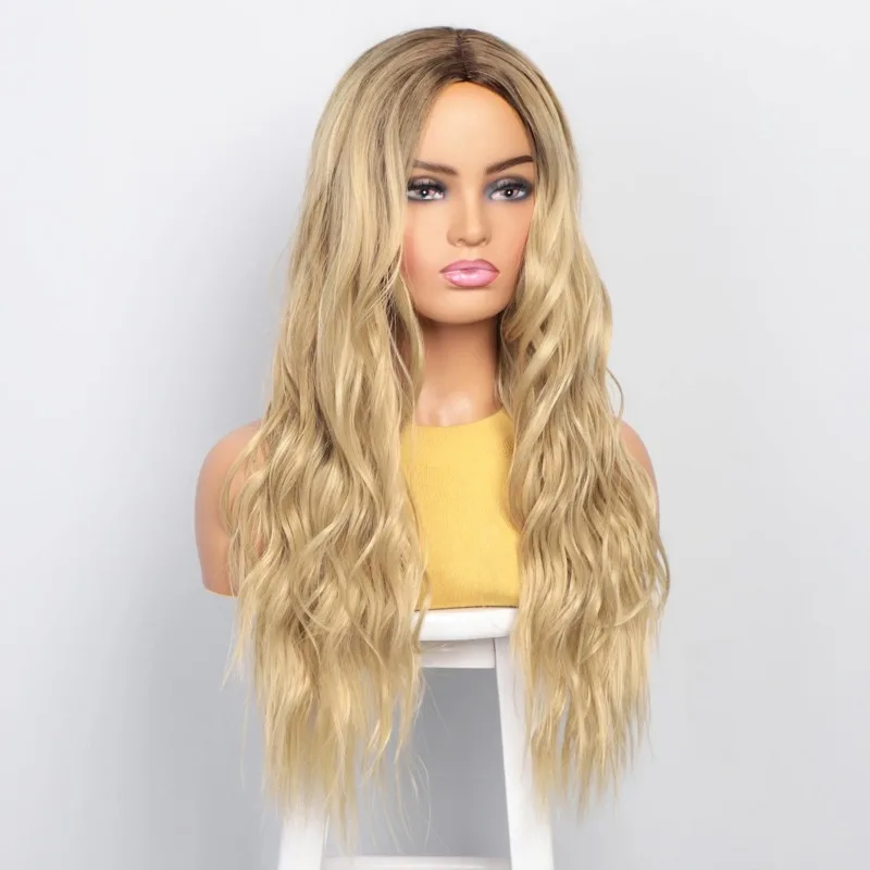 امرأة التدرج موجات لفة الشعر الطويل القبعات موضة أغطية الرأس حفلة شعر مستعار ذهبي غطاء الحفل فستان شعر مستعار طويل مجعد الشعر