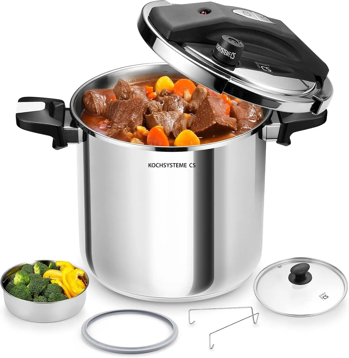 

Stainless Steel Pressure Cooker 8.5 Quart, 3-in-1 Olla de Presion, One-Hand Locking, 3 PSI Settings Stovetop Pressure Cookers, i