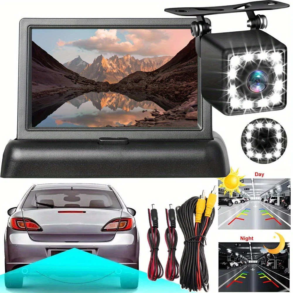 Car Reverse Camera System, 4.3 Inch Foldable Display with 12 LED Lights, Night Vision Camera Kit, Suitable for 12V