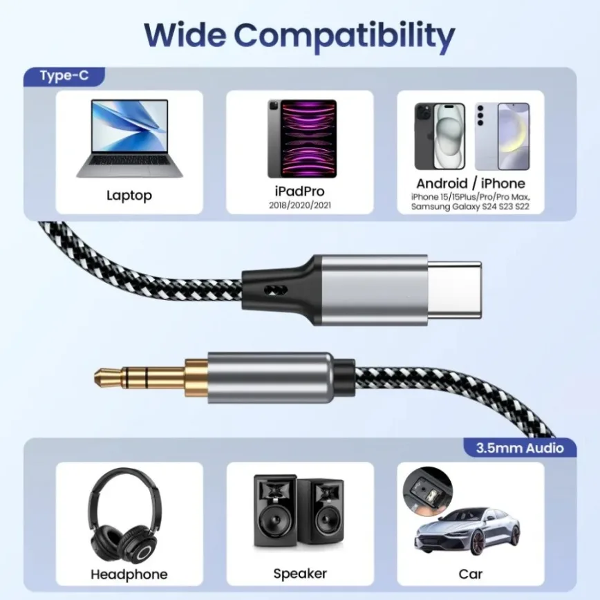 USB C to 3.5mm Audio Aux Jack Cable 1m/1.5m/2m Type C to 3.5mm Headphone Car Stereo Cable for Phone Laptop Car Headphone Speaker