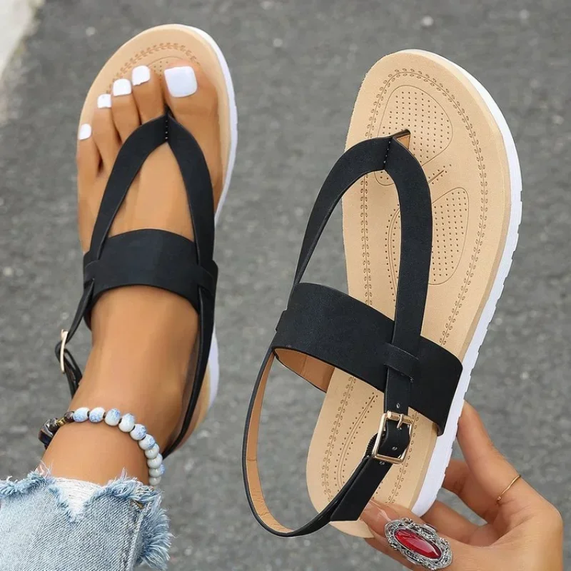 Sandalias planas ligeras antideslizantes para Mujer, zapatos de playa con plataforma, hebilla y Correa, estilo Gladiador, novedad de verano