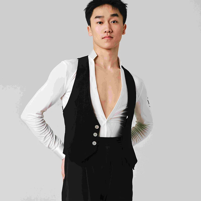 

2026 Men's Latin Dance Competition Clothing White Shirts Black Vest Rumba Cha Cha Dance Performance Clothes Ballroom Dance Shirt