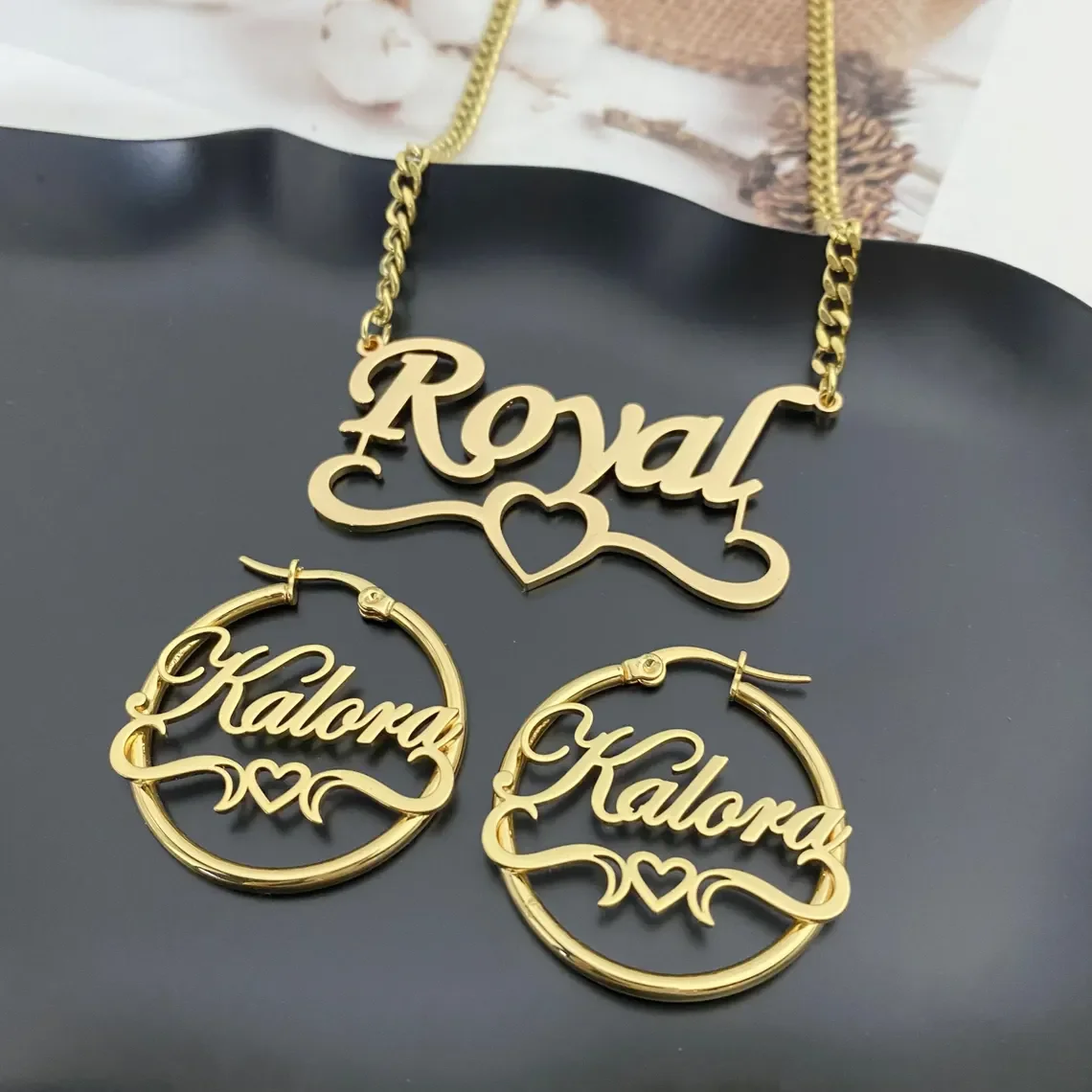 

Customized Name Necklace Earring Jewelry Sets for Kids Women Stainless Steel Personalized Name Set Cuban Chain Christmas Gift