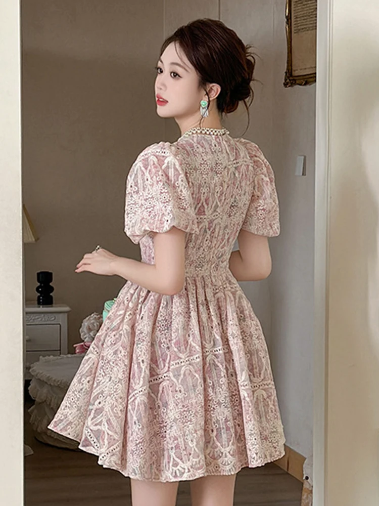 Summer French Romance Cotton Linen Embroidery A-Line Short Dress Women Clothes Sweet Puff Sleeve Corset Slim Party Prom Vestidos