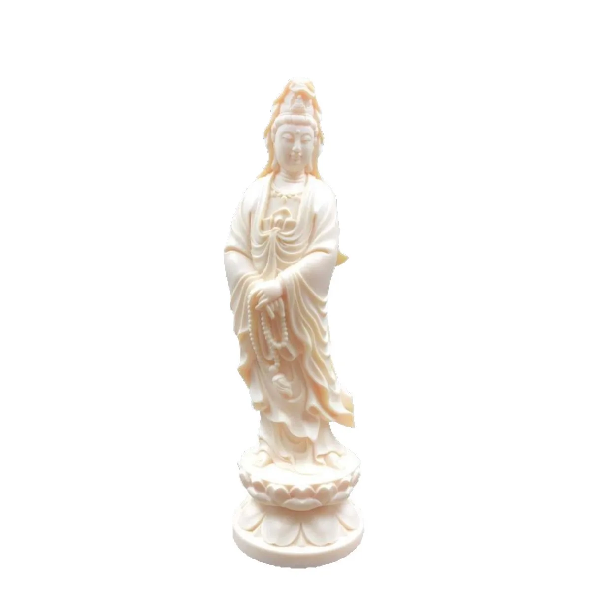 Hand‑Carved Ivory Nut Guanyin Figurine, Standing Kwan‑Yin Statue with Prayer Beads on Lotus Base, Oriental Religious Art Craft