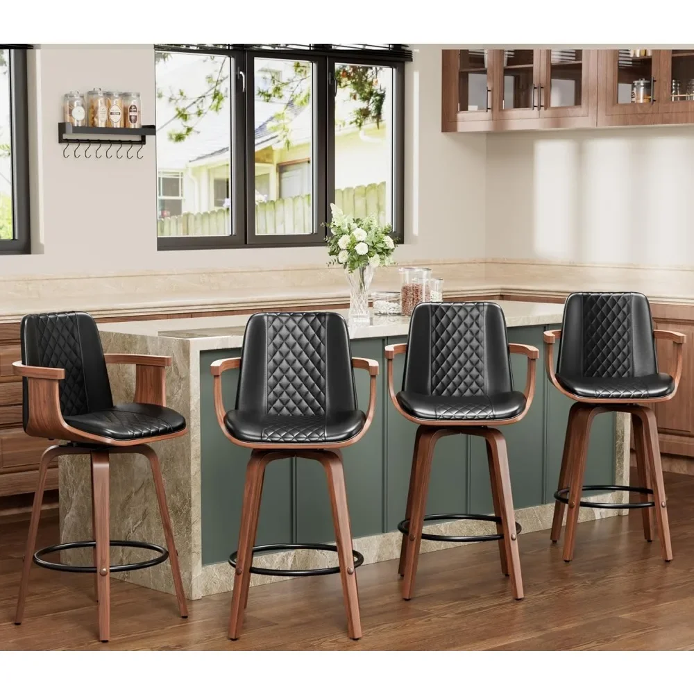 

Bar Stools Set of 4, 26" Bentwood Barstools with Wooden Arms, Mid Century Modern Counter Height Swivel Bar Chairs PU Leather