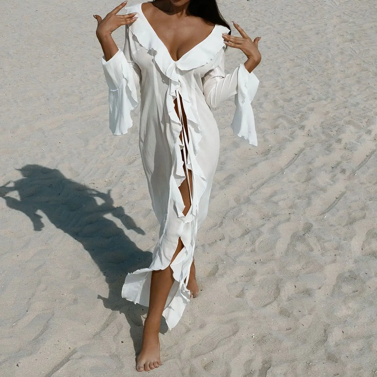 Neue Chiffon Tunika Strand Cover Up Cover-ups Kleid Sonnenschutz Beachwear Damen Kleidung Sexy V-Ausschnitt Rüschen Langarm Schwarz Weiß