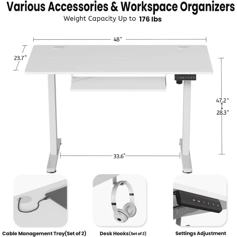 키보드 트레이가 있는 전기 스탠딩 책상, 높이 조절 가능, 홈 오피스용 스탠드업 책상, 48x24 인치