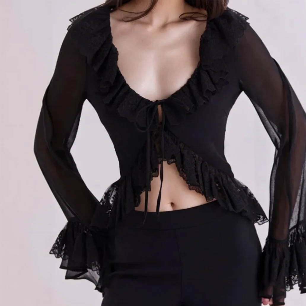 

2026 Women's Ruffle Leaf Top Slim Lace-Up Flared Sleeve Cardigan Women
