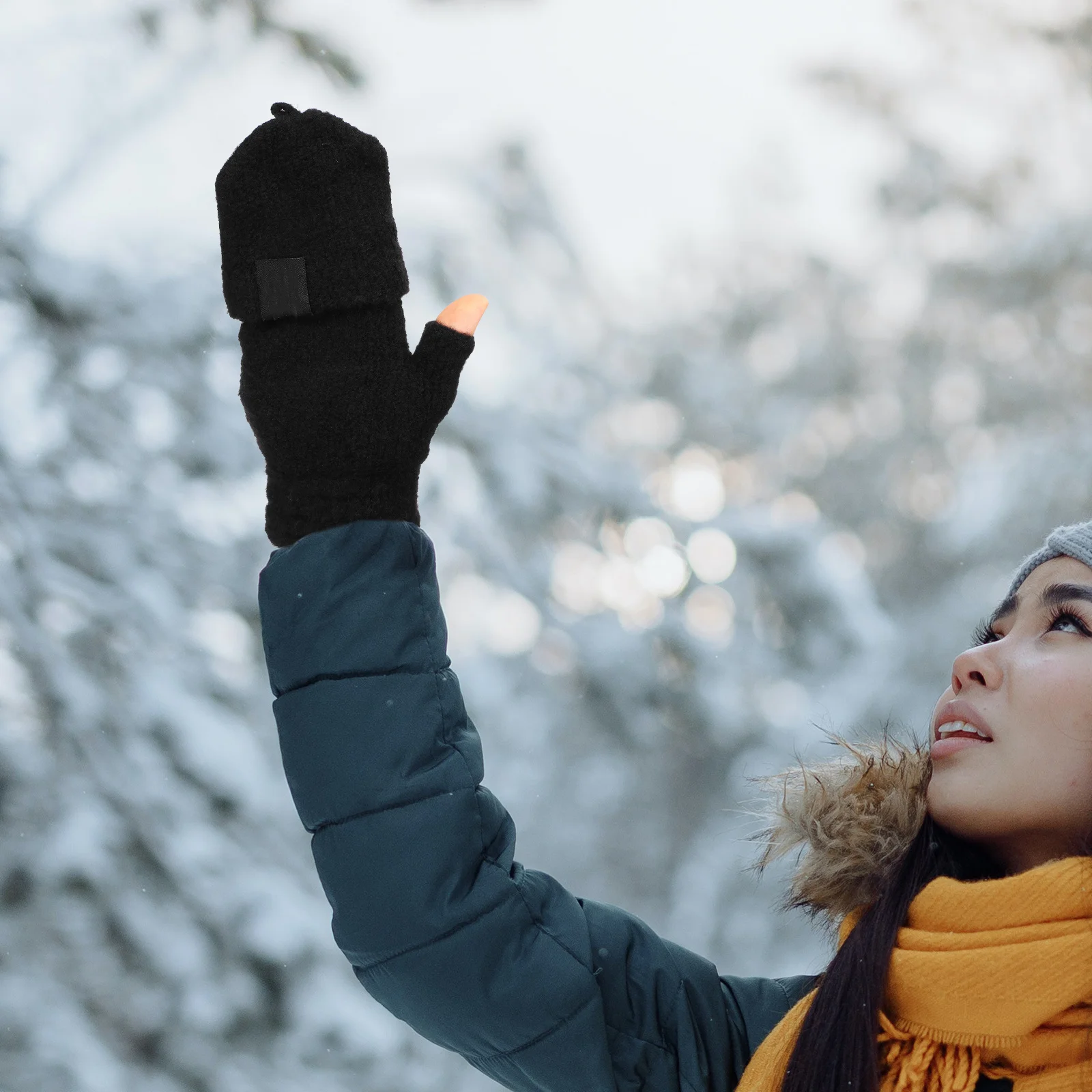 

1 Pair Usb Black Double-Sided Heating Flip Design For Winter Rechargeable Fingerless Mittens For Outdoor Office Use Heated Women