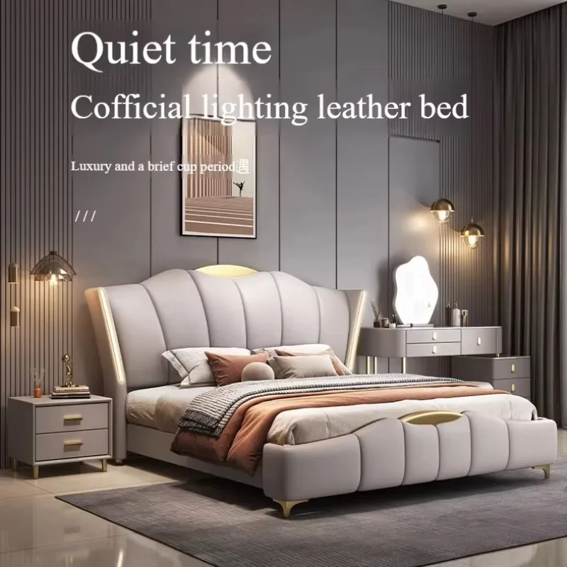 Modern Luxury  Bedroom Furniture Wood Soft Up-holstered Beds Full Size Double Bed Frame Leather Set with Storage Floating Design