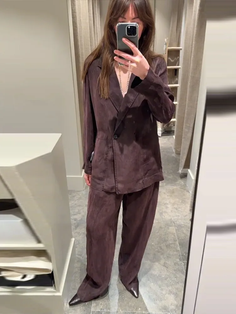 

Chic Lapel Double Breasted Jacket Pants Sets Women Loose Full Sleeve Coat High Waist Wide Leg Pant 2025 Spring Lady Streetwears