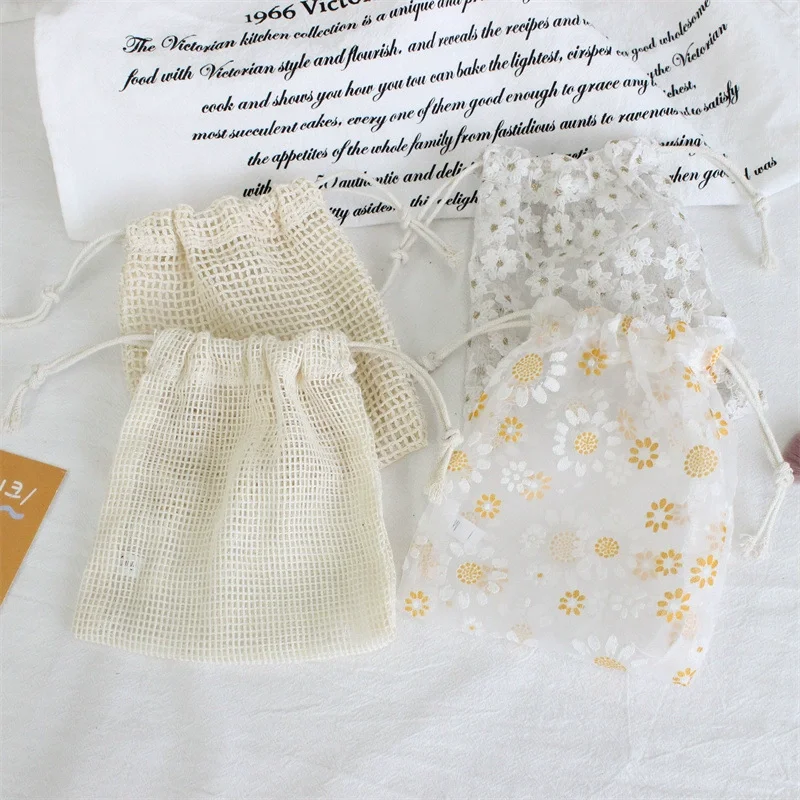 Daisy Embroidery Drawstring Storage Bag Mesh Pouch for Jewelry Cosmetics Candy Gift Packaging
