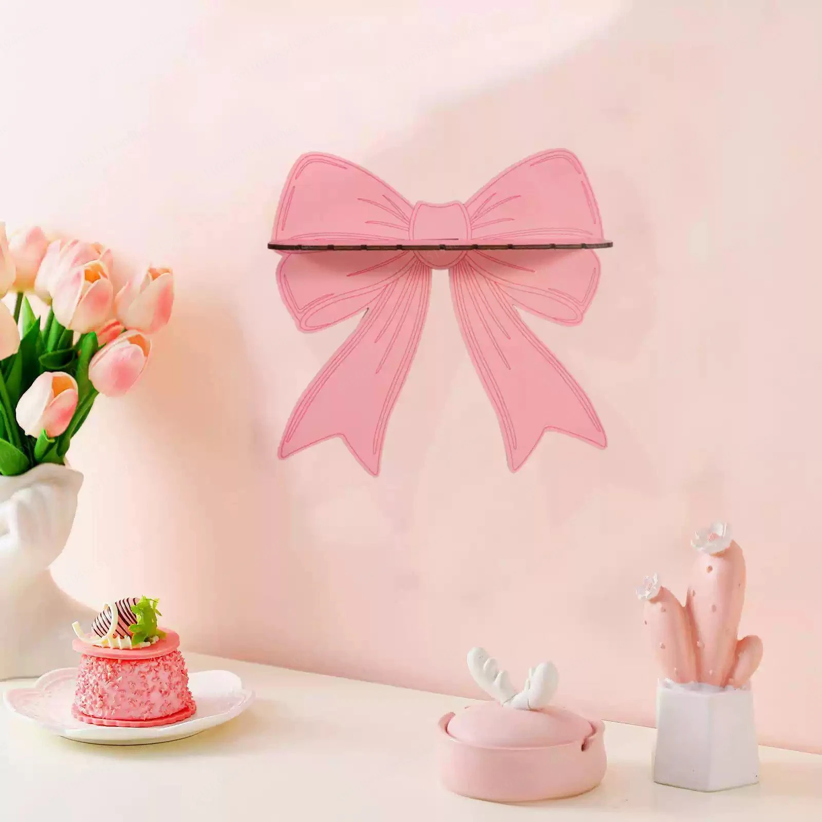Pink Bow Wooden Shelf Cute Girl College Room Decor