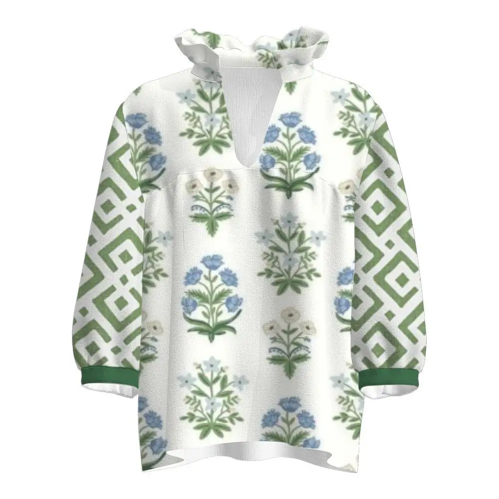 Femmes imprimé col montant irt mi SVE haut trajet Sle Polyester fibre cinq Sve longueur régulière mince