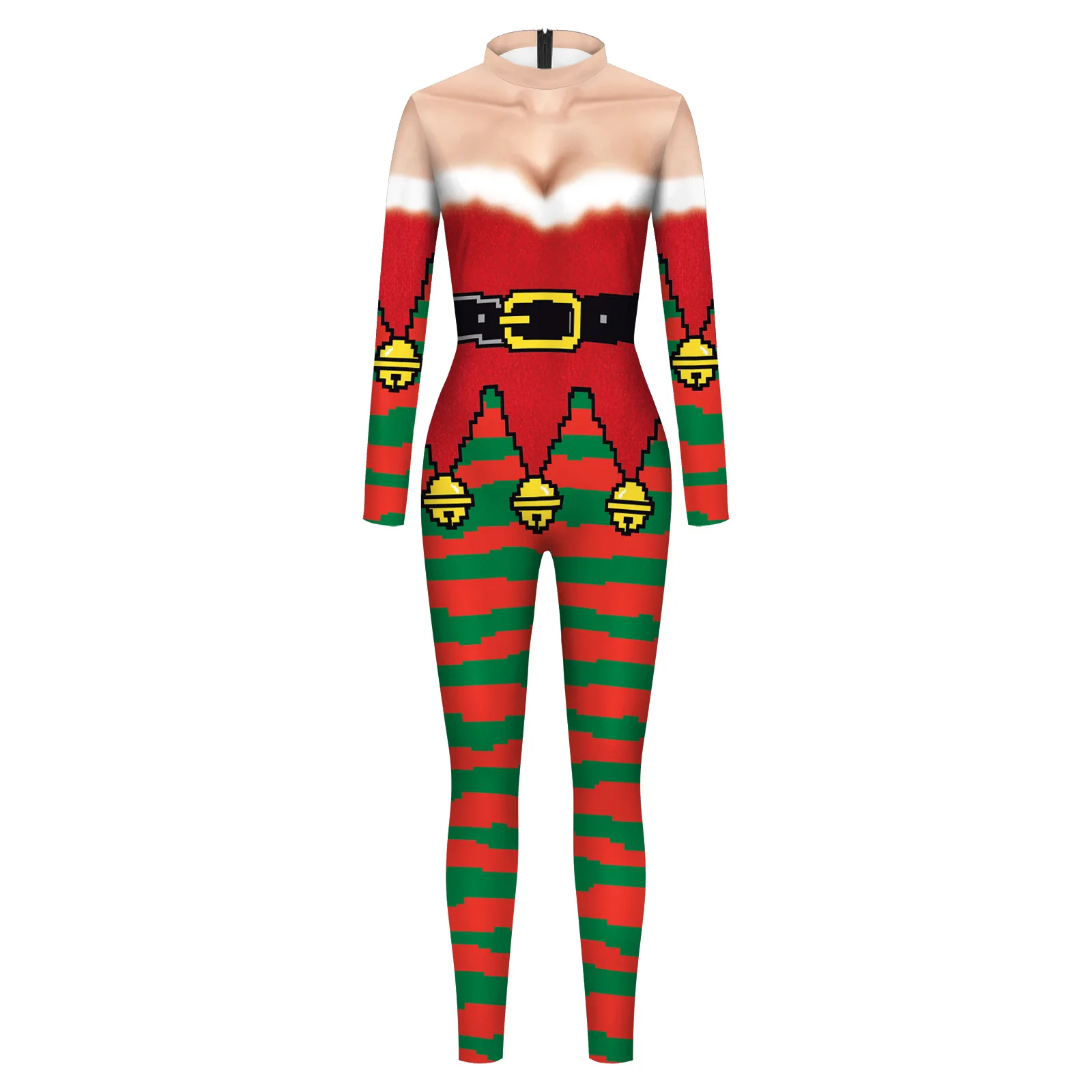 Christmas Elf Cosplay Bodysuit 3D Printed Jumpsuit Xmas Zentai Jumpsuit Halloween Carnival Cosplay Costume Romper for Women