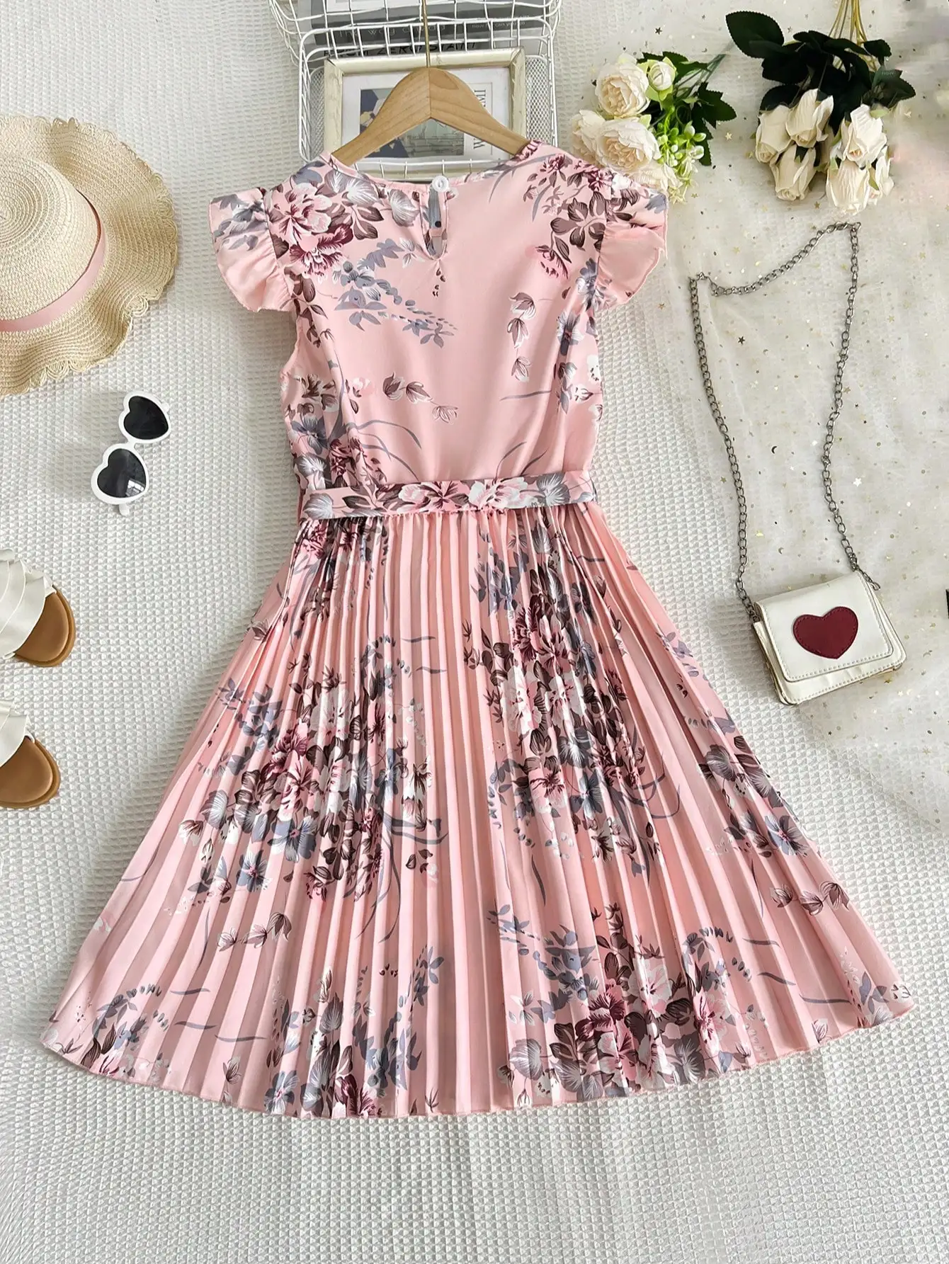 

Розовое плиссированное платье миди с цветочным принтом и поясом, женское платье А-силуэта с коротким рукавом