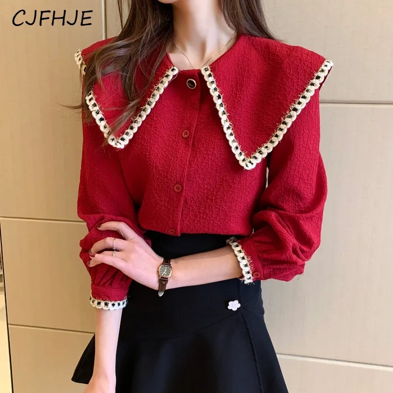 

CJFHJE Spring New Women's Fashion Doll Neck Red Chiffon Shirt Korean Retro Classic Sweet Women Solid Color Long Sleeved Shirt