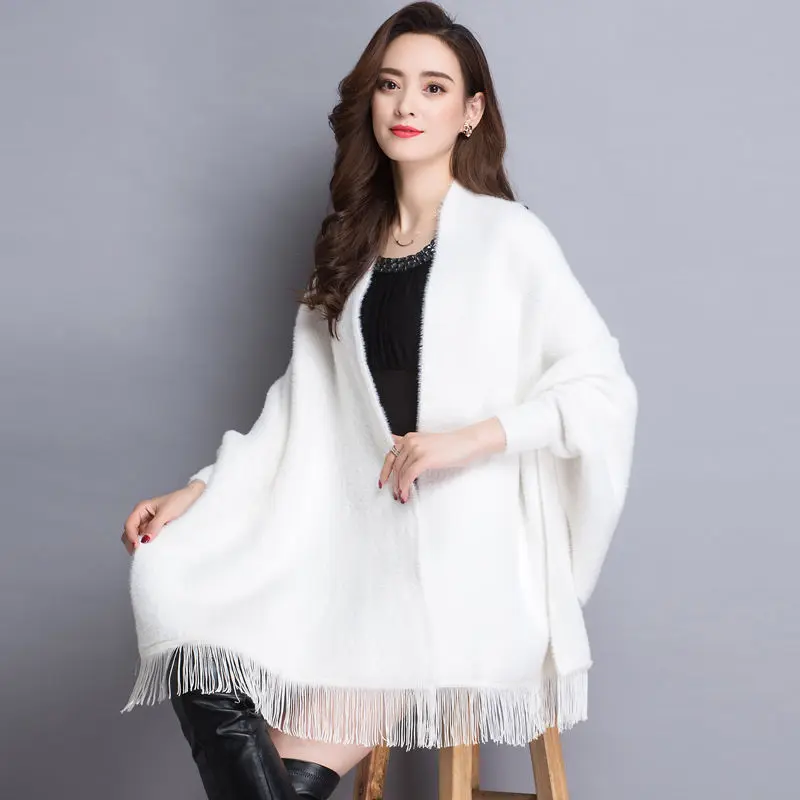 Mink velvet cape jacket women autumn and winter mid-length all-match cashmere tassel cape cape with sleeves poncho women coat