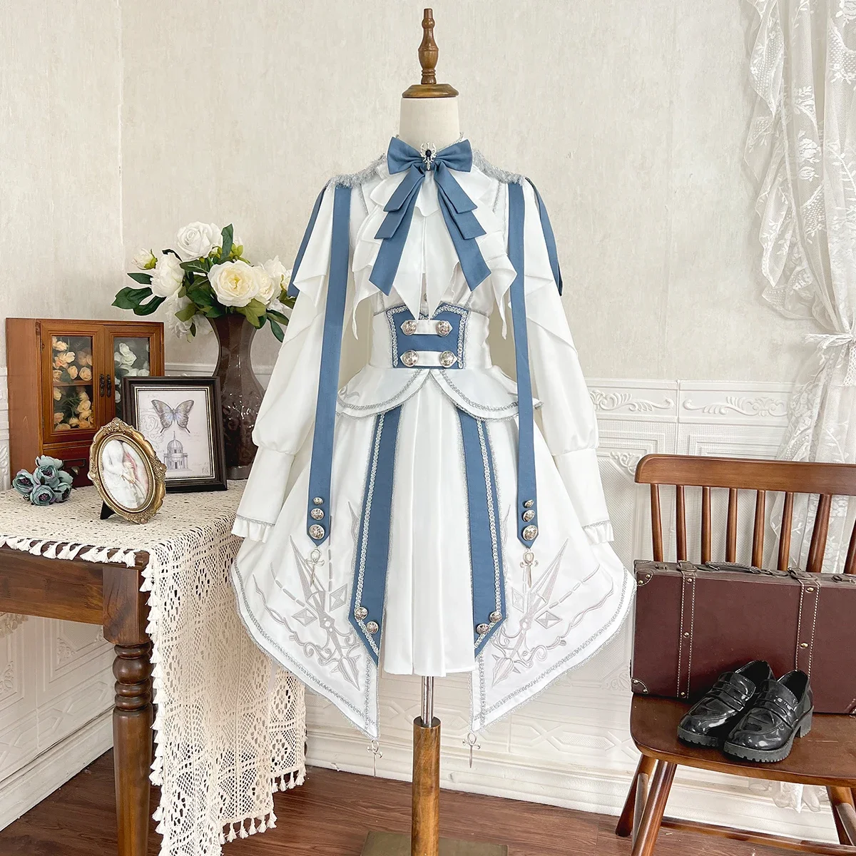 Original Design Lolita Dress Women's High Waist Slim Cosplay Costume Bow Irregular Long Sleeve Shirt and Skirt Set Two-piece Set