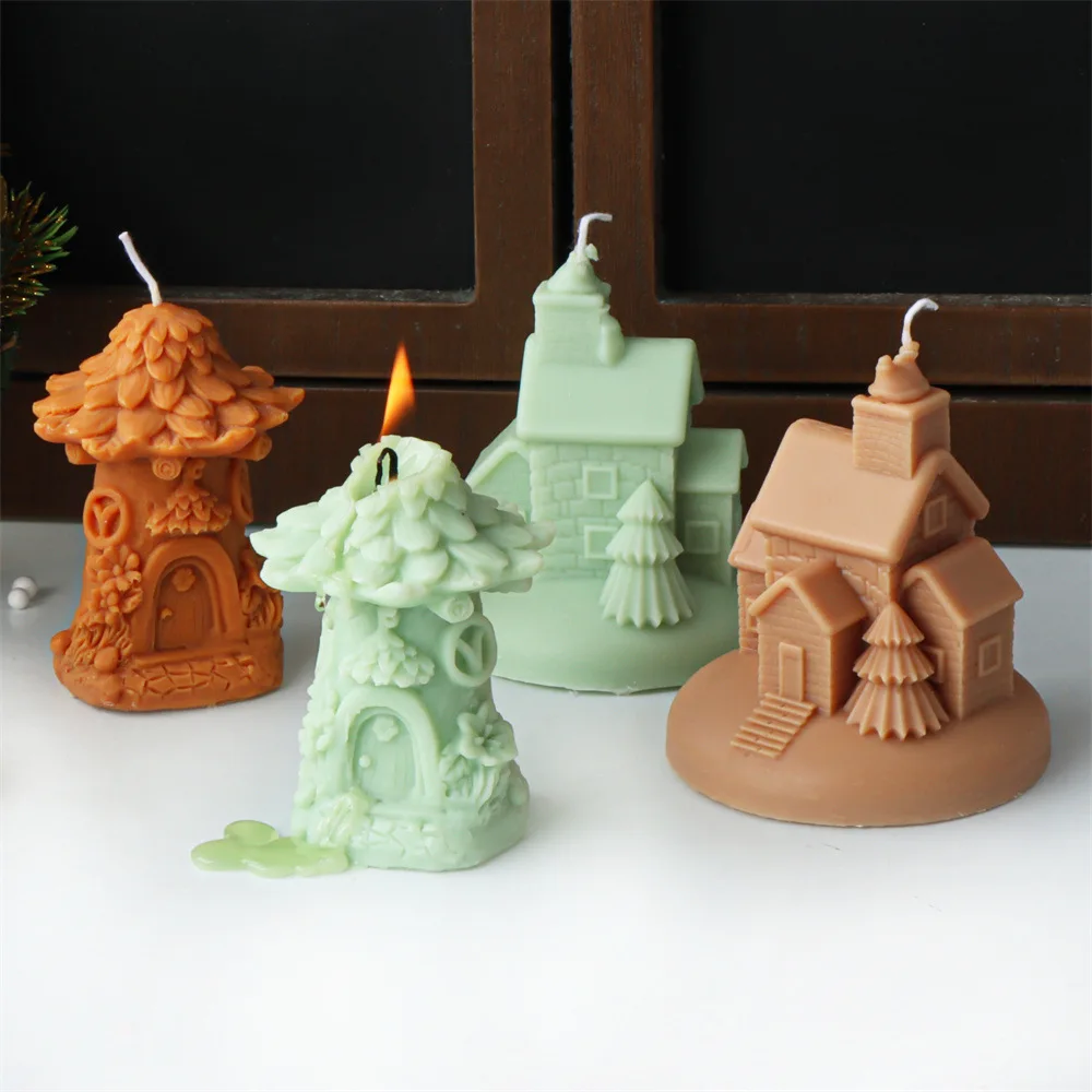 3D Pine Cone House Silicone Candle Mold Christmas Tree Build Aromatherapy Plaster Resin Model Festival Home Decor Handmade Mould