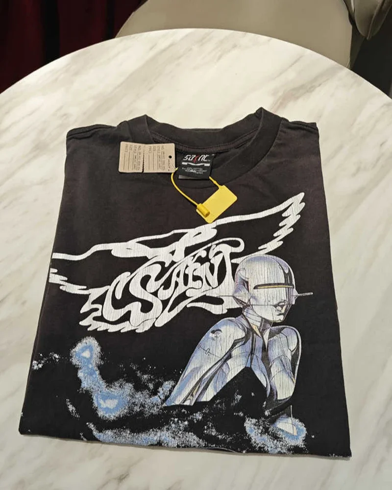 Camiseta informal de gran tamaño con estampado de Robot Sexy y cuello redondo de la serie Vintage Saint, ropa de calle Harajuku para hombre
