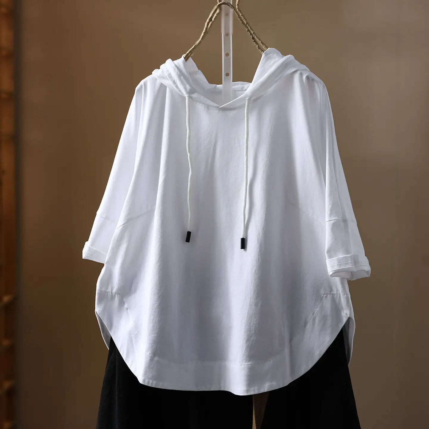 Summer Large Size 300 Pounds 2026 Retro White Hooded Drawstring Short Sleeve T-Shirt Men Thin Loose Casual Top Polyester Fiber