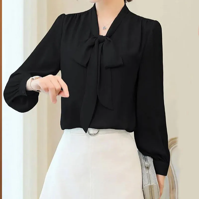 Spring Summer Middle Age Bow Collar Lantern Sleeve Office Lady Shirt Four Colors Single Breasted Chiffon Temperament Plus Size